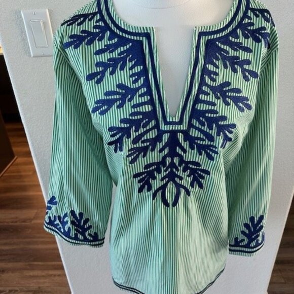 Gretchen Scott Green & White Striped Tunic w/Navy Blue Coral Embroidery Size XL - Picture 2 of 5